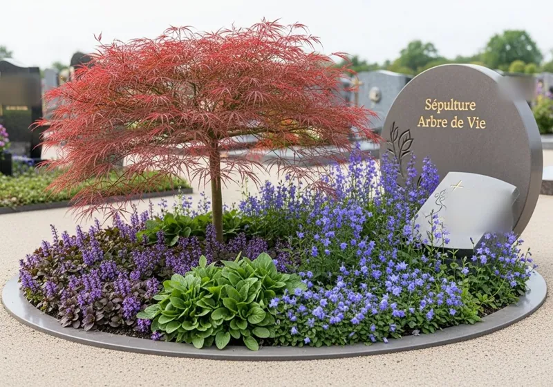 Modèle Arbre de Vie : stèle ronde en pierre, érable du Japon et massif de fleurs violettes dans une bordure circulaire.